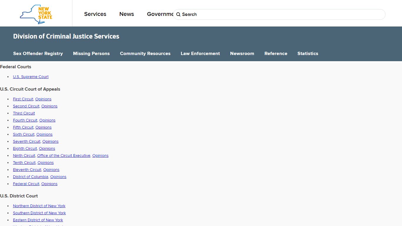 List of and Links to: Federal Circuit and District Courts - NY DCJS
